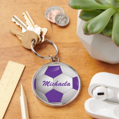 Customizable Football Soccer Ball Purple and White Keychain