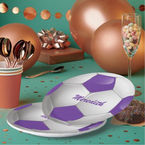 Customizable Football Soccer Ball Purple and White Paper Plates