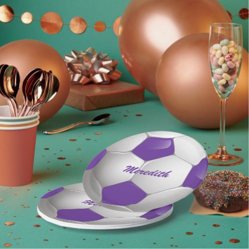 Customizable Football Soccer Ball Purple and White Paper Plates