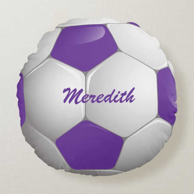 Customizable Football Soccer Ball Purple and White Round Pillow (Front)
