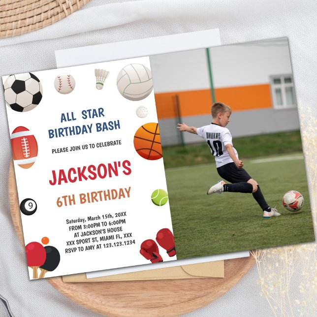 Customizable Fun Party Invitations for Kids (White Background Sports Invitations with photo)