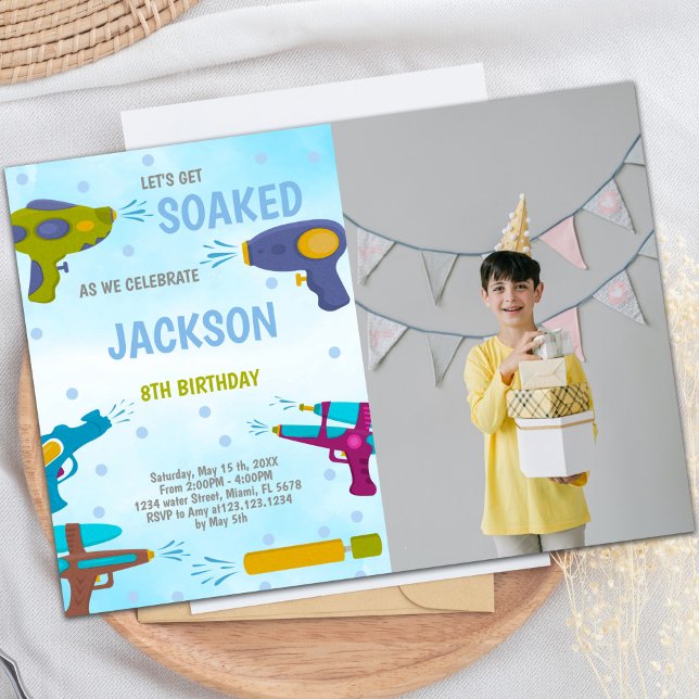 Customizable Fun Party Invitations for Kids (Yellow Blue Water Gun Invitations with photo)