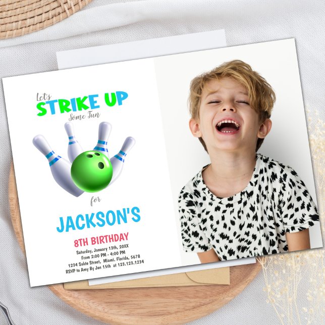 Customizable Fun Party Invitations for Kids (Green Ball Bowling Birthday Invitations w photo)