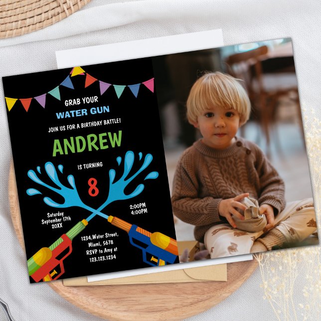Customizable Fun Party Invitations for Kids (Blue Red Water Gun Invitations with photo)