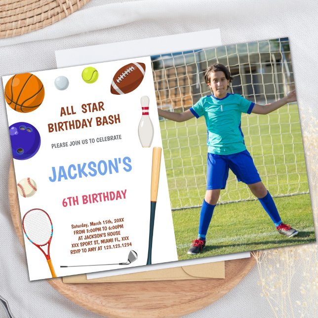 Customizable Fun Party Invitations for Kids (Blue Sports Birthday Invitations with photo)