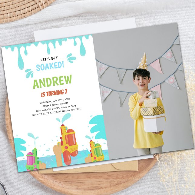 Customizable Fun Party Invitations for Kids (Orange Water Gun Birthday Invitations w photo)