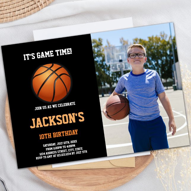 Customizable Fun Party Invitations for Kids (Basketball Ball Birthday Invitations with photo)