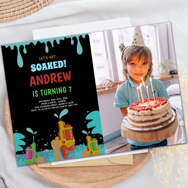 Customizable Fun Party Invitations for Kids (Black Water Gun Birthday Invitations with photo)