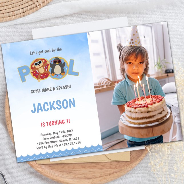 Customizable Fun Party Invitations for Kids (Penguin Pool Birthday Invitations with photo)