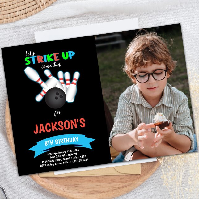 Customizable Fun Party Invitations for Kids (Black Ball Bowling Birthday Invitations with photo)