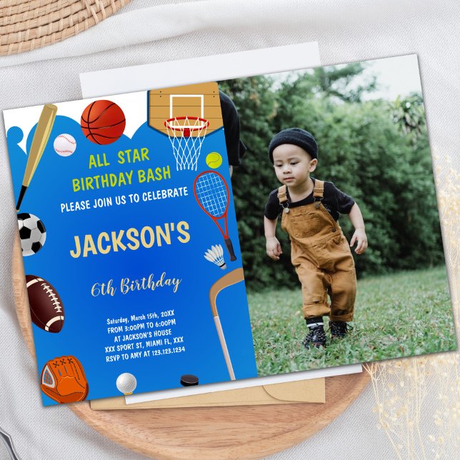 Customizable Fun Party Invitations for Kids (Blue Background Sports Birthday Invitations photo)