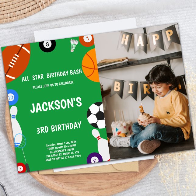 Customizable Fun Party Invitations for Kids (Green Sports Birthday Invitations with photo)