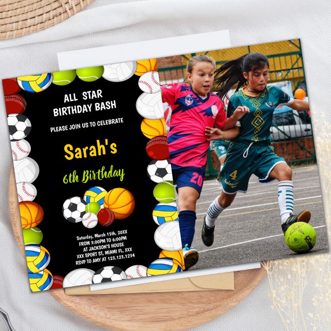 Customizable Fun Party Invitations for Kids (Orange with black Sports Birthday Invitations phot)