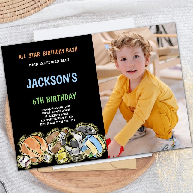 Customizable Fun Party Invitations for Kids (Black Sports Birthday Invitations with photo)