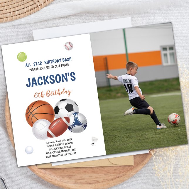 Customizable Fun Party Invitations for Kids (White Sports Birthday Invitations with photo)