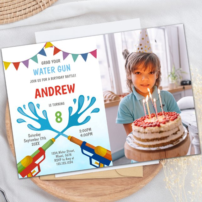 Customizable Fun Party Invitations for Kids (Red Blue Water Gun Invitations with photo)