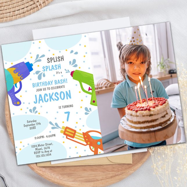 Customizable Fun Party Invitations for Kids (Green Water Gun Invitations with photo)