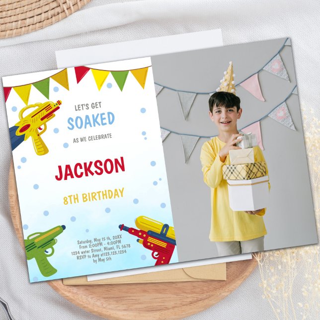 Customizable Fun Party Invitations for Kids (Yellow Water Gun Invitations with photo)
