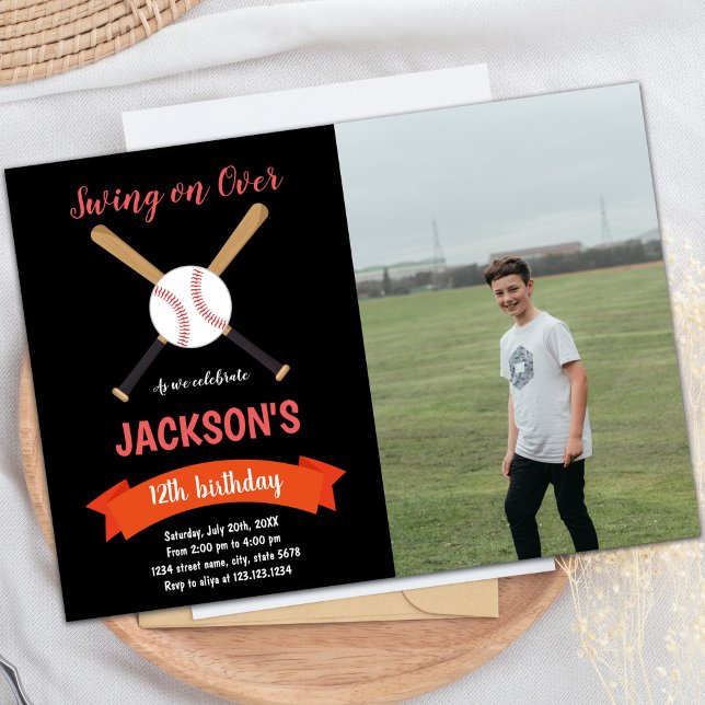 Customizable Fun Party Invitations for Kids (Red Baseball Birthday Invitations with photo)