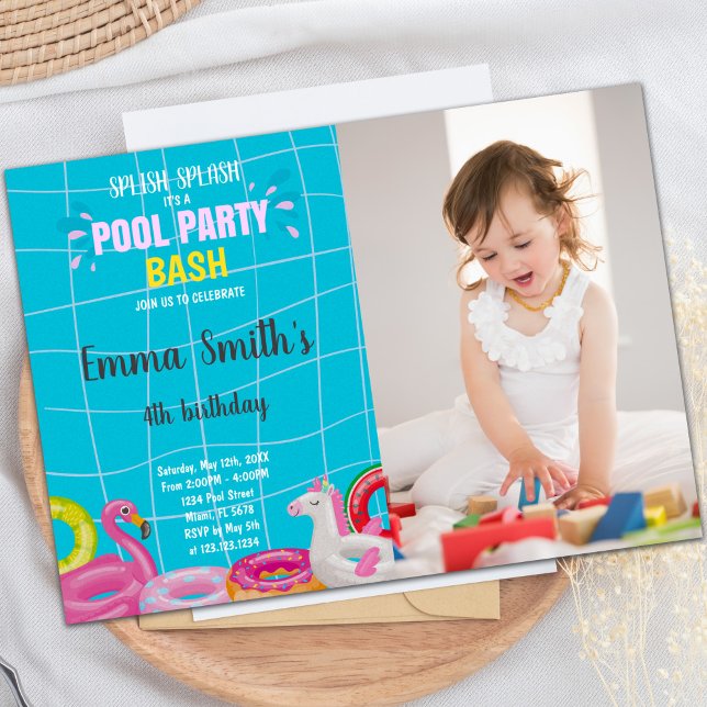Customizable Fun Pool Party Invitations for Kids (Pool Bash Birthday Invitations with photo)