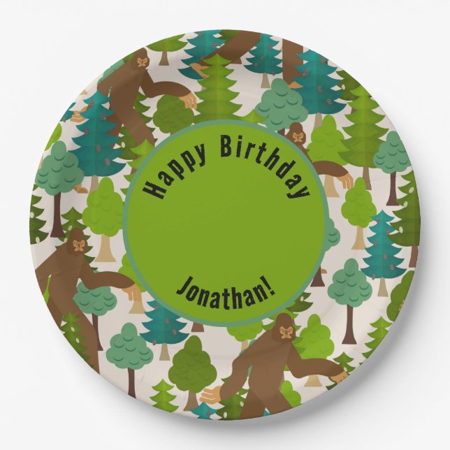 Customizable Funny Bigfoot in the Woods Paper Plates (Front)