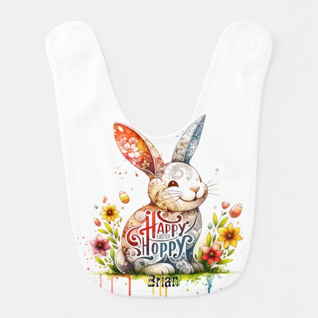 Customizable Funny Bunny Baby Bib with Flowers (Front)