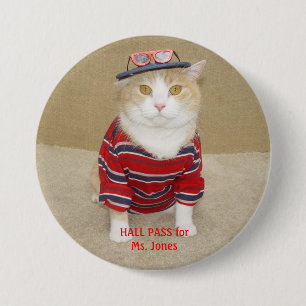 Customizable Funny Cat Hall Pass Pinback Button