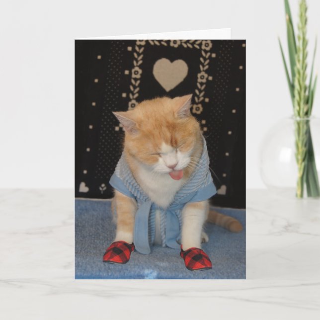 Customizable Funny Cat in Bathrobe Get Well Card (Front)