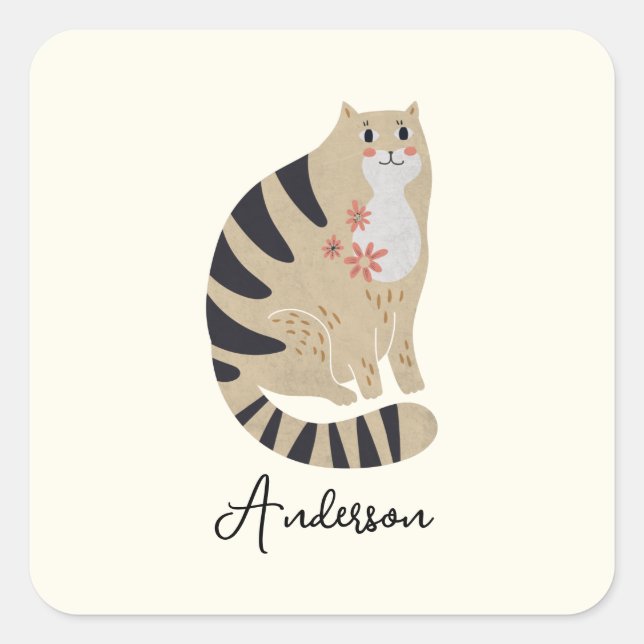 Customizable Funny Cute Smiling Cat Square Sticker (Front)