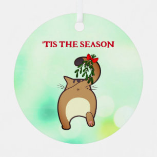 Customizable funny holiday cat tail mistletoe metal ornament
