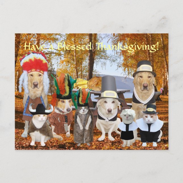 Customizable Funny Pets Pilgrims and Indians Holiday Postcard (Front)
