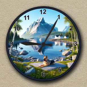 Customizable German Shepherd Lakeside Landscape Round Clock
