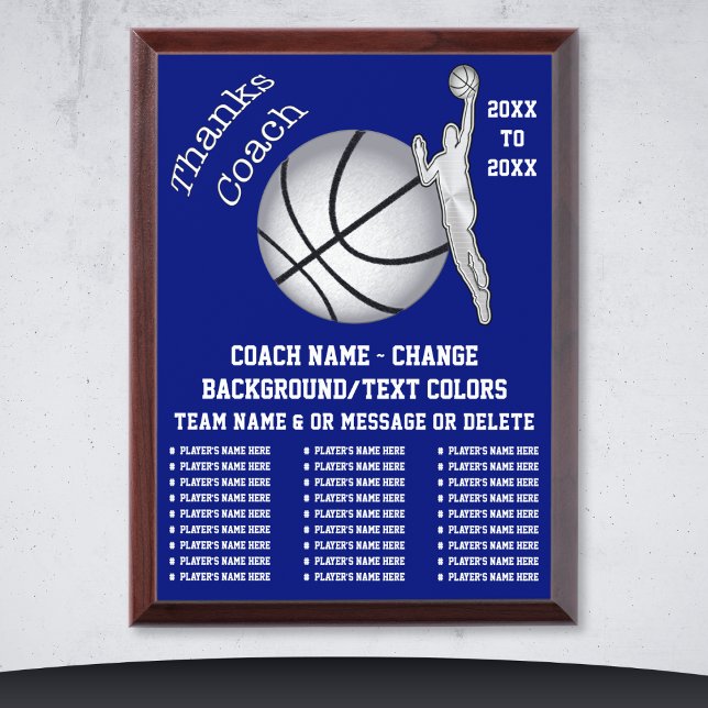 Customizable, Gifts for Coaches Basketball, Award Plaque (Blue, Silver and White, Basketball Coach Plaque. Nice, gifts for a basketball coach. Players names.)