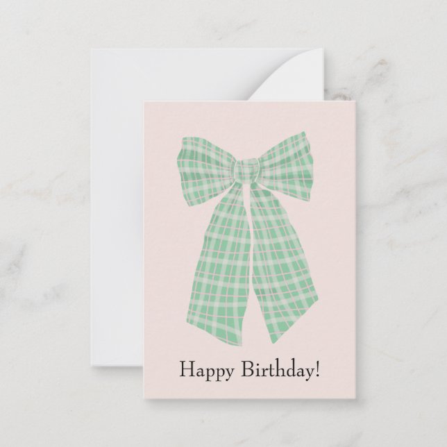 Customizable Gingham Coquette Bow Blush Birthday Note Card (Front)
