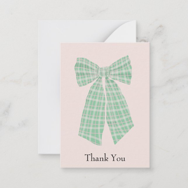 Customizable Gingham Coquette Bow Blush Thank You Note Card (Front)