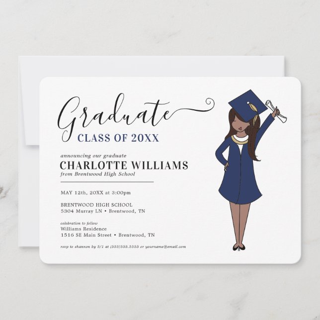 Customizable Girl Avatar | High School Graduation Invitation (Front)