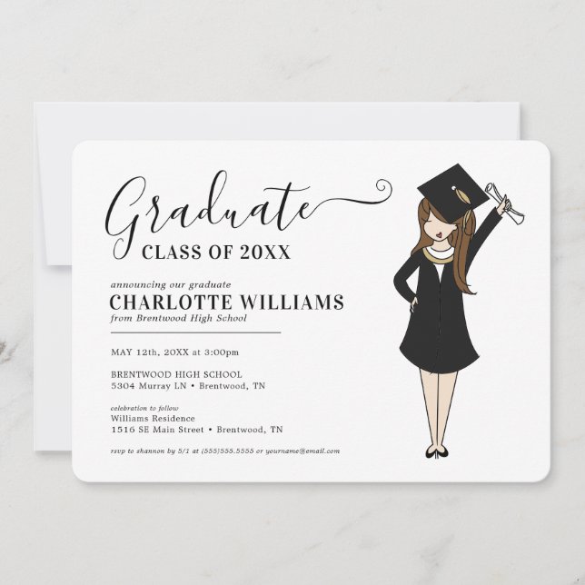 Customizable Girl Avatar | High School Graduation Invitation (Front)