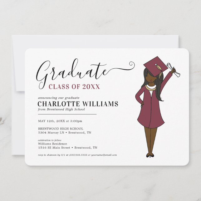 Customizable Girl Avatar | High School Graduation Invitation (Front)