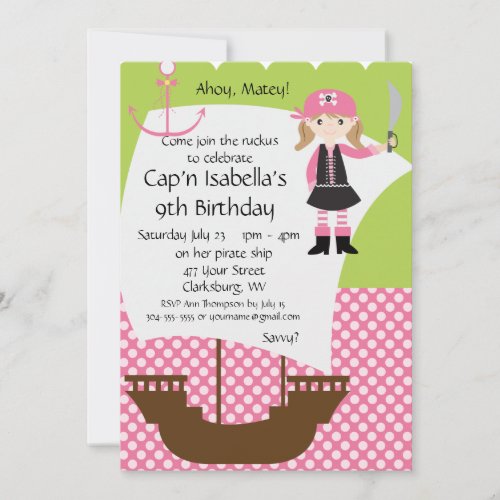 Customizable Girl Pirate Ship Birthday Party Personalized Invitation