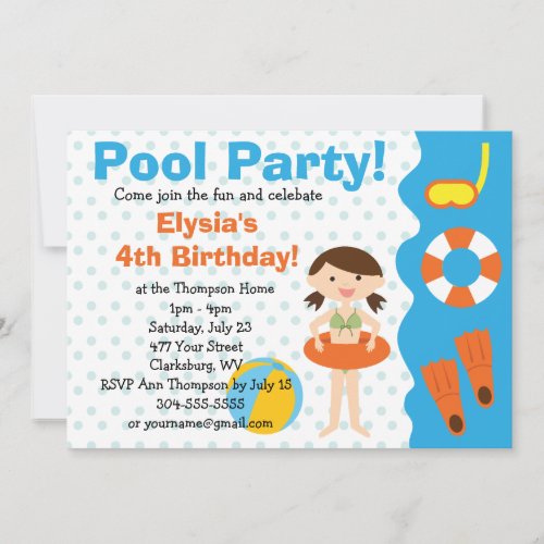 Customizable Girl Pool Party Birthday Custom Announcement