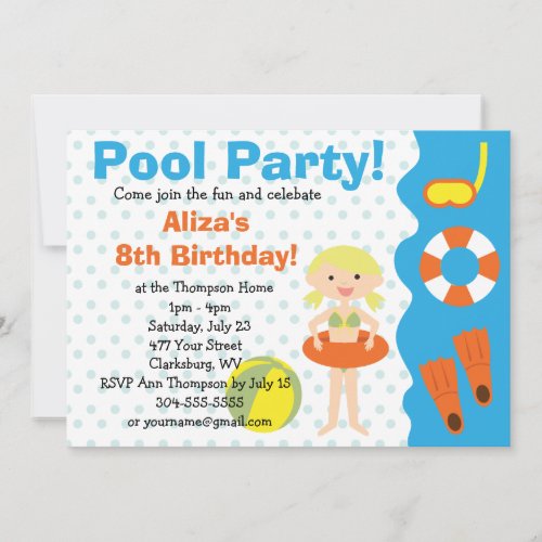 Customizable Girl's Pool Party Birthday Custom Invitations