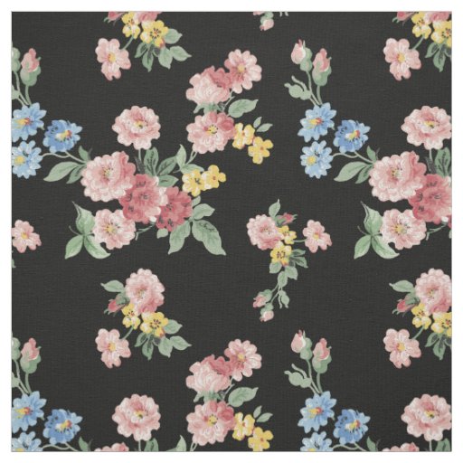 Customizable Girly Pastel Floral, Black Background Fabric
