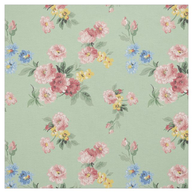 Customizable Girly Pastel Floral, Green Background Fabric (Swatch)