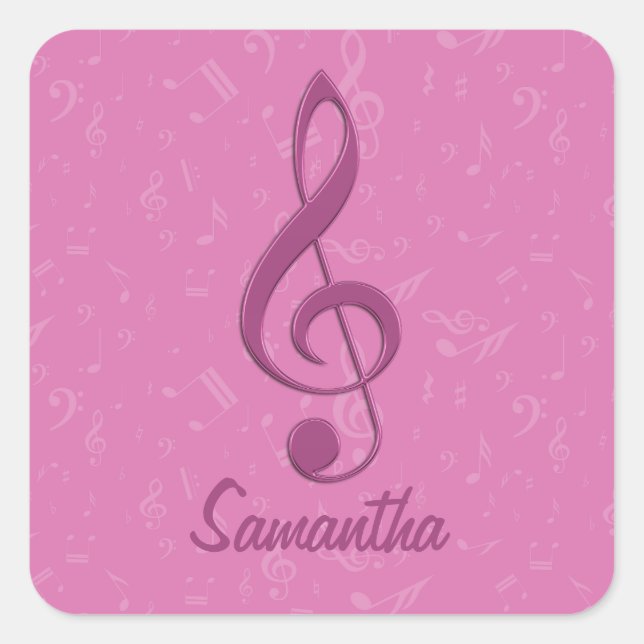 Customizable Girly Pink Clef and Musical Notes Square Sticker (Front)