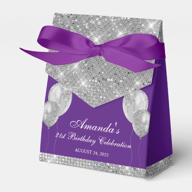 Customizable Glam Purple and Silver Favor Boxes (Front Side)