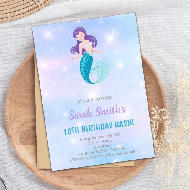 Customizable Glittery Ocean Party Invite (Purple shine Mermaid Birthday Invitations)