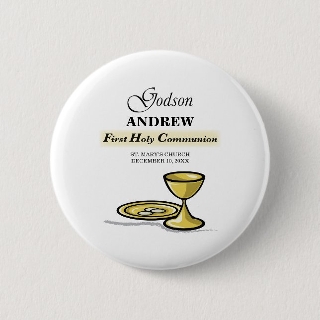 Customizable, Godson First Communion Chalice Pinback Button (Front)