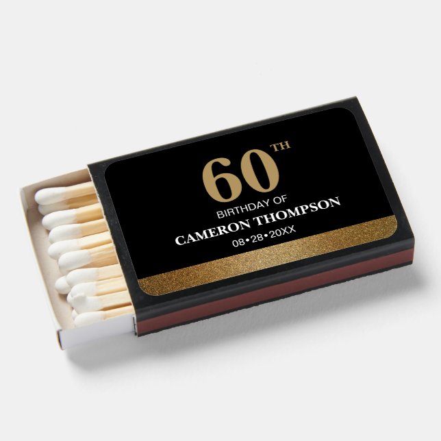 Customizable Gold block Black 60th birthday  Matchboxes (Front Open)
