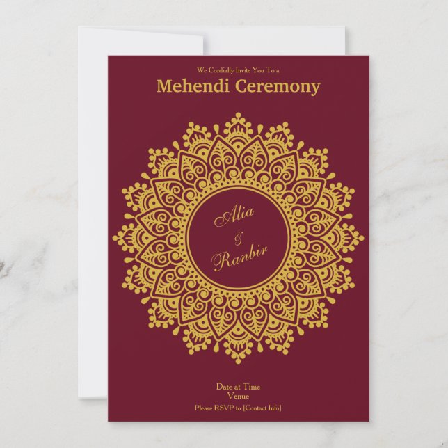 Customizable Gold Burgundy Mehendi Henna Indian Invitation (Front)