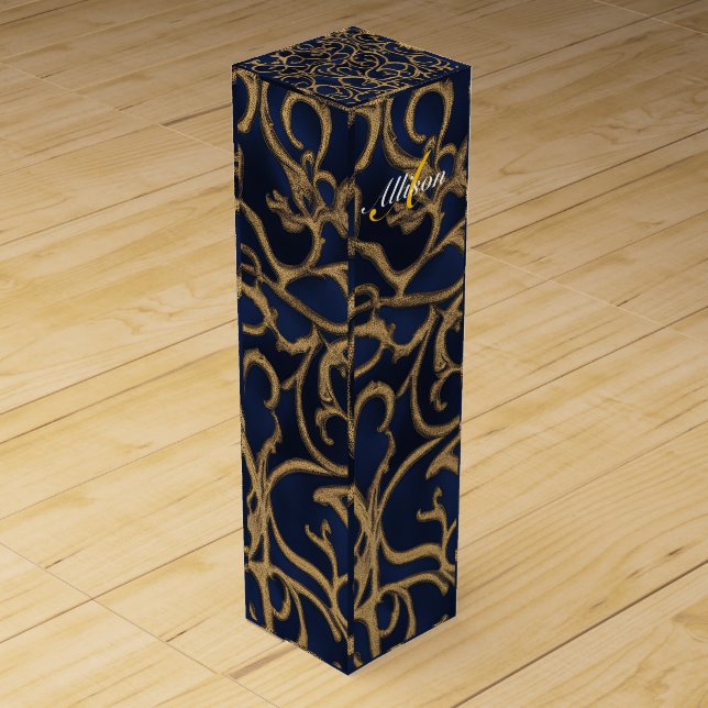 Customizable gold damask monogram and name wine box (Front)